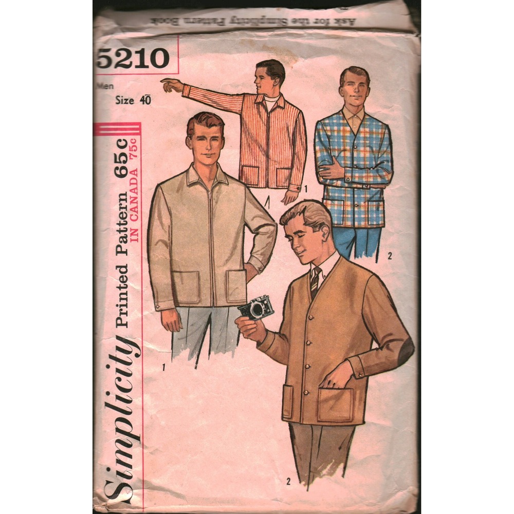 Vintage Simplicity 5210 Mens Leisure Jacket Zip Jacket Sewing Pattern Size 40